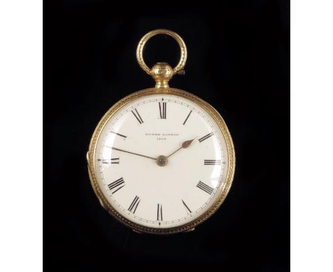 An 18ct gold English lever watch, white enamel dial signed Donne, London, 1460, signed and numbered full plate movement, plai