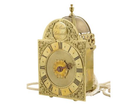 A miniature lantern timepiece with alarm, the 5 inch arched brass dial signed on a boss in the arch Wm. Shaw, Botesdale, the 