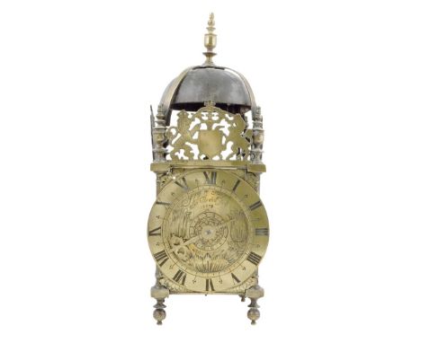 A Charles II striking lantern clock, the tulip engraved dial signed above the alarm setting disc James Burputt in Bristoll fe