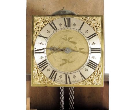 An oak 30 hour longcase clock, the 10 inch brass square dial signed Fran. Pile, Honiton on the silvered chapter ring, the mat