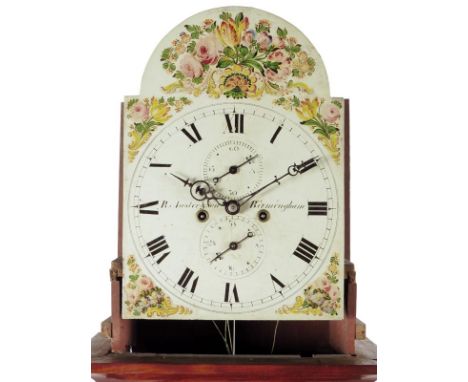 An 8 day mahogany longcase clock, the 12 inch painted dial signed R. Auster & Son, Birmingham, subsidiary seconds and date di