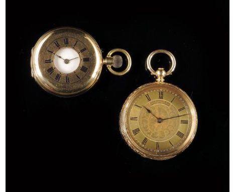 A Swiss 18k gold lady's watch, the gilt dial signed John Myers & Co, Chaux de Fonds, signed cylinder movement, in a florally 