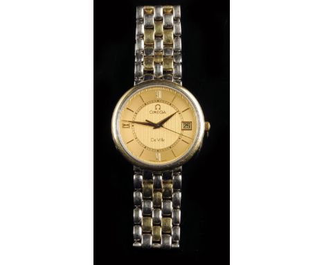 Omega. A steel and gold wristwatch, gilt dial signed Omega De Ville in the guilloche centre, raised baton and Roman numerals,