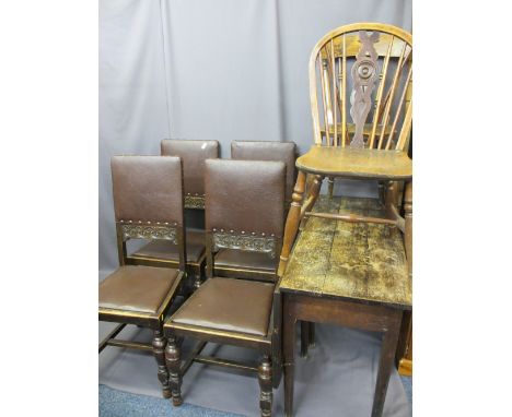 SINGLE DROP-LEAF ANTIQUE OAK TABLE, four later rexine seated chairs with carved detail, a stick back Windsor farmhouse chair 