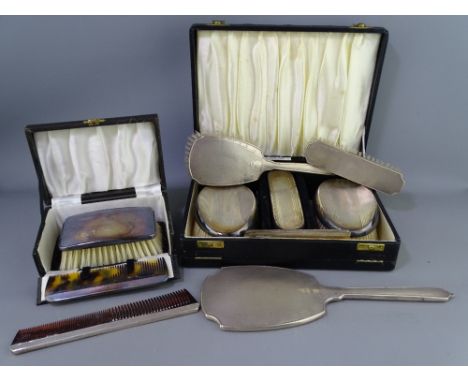 SILVER DRESSING TABLE HAND MIRROR &amp; BRUSH SET (four) and two cased brush and comb sets, various Birmingham hallmarks to a