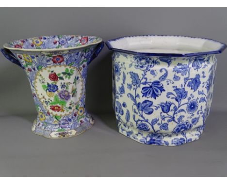 LOSOL WARE - fine large ten-sided blue floral planter and a Spode Copeland wide necked twin-handled multi-coloured floral vas