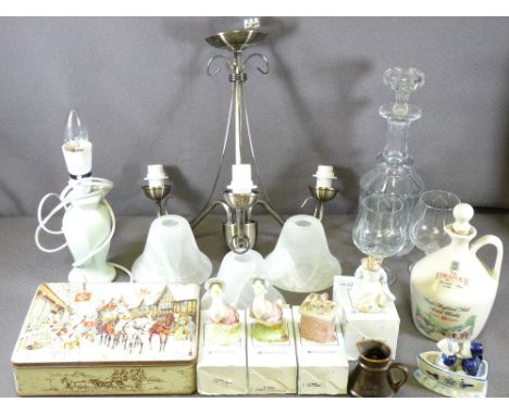 ROYAL ALBERT BEATRIX POTTER BOXED FIGURES, glass and pottery ware and a modern ceiling lamp with shades ETC