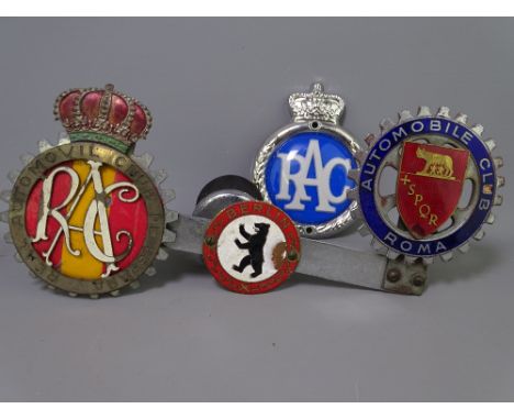 UK &amp; SPAIN RAC BADGES and other Automobile Club badges for Rome and Berlin, mainly mounted on a single bar