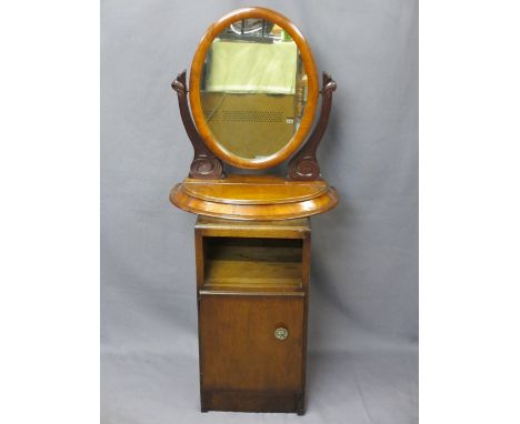 VICTORIAN MAHOGANY SWING TOILET MIRROR and an old bedside cabinet, 59 and 67.5cm heights