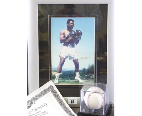 SPORTING MEMORABILIA - Mohammed Ali certificated, signed baseball in case and a signed photograph