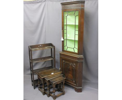 VINTAGE &amp; REPRODUCTION OAK FURNITURE, three pieces to include a quality glass top corner display cabinet, 187cms H, a set