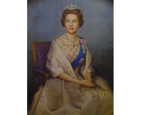 AFTER LEONARD BOWDEN coloured print - an elegant seated Queen Elizabeth II wearing the sash and star of The Most Noble Border