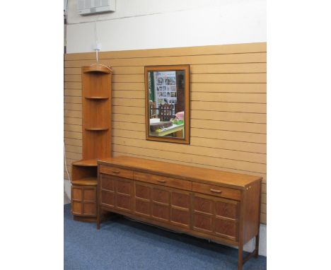 MID-CENTURY TEAK LONG SIDEBOARD, 83cms H, 184cms W, 45cms D, matching corner display unit, probably both Nathan, and a rectan