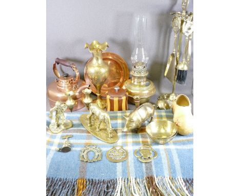BRASS OIL LAMP, other copper, brassware, treen and an old blanket