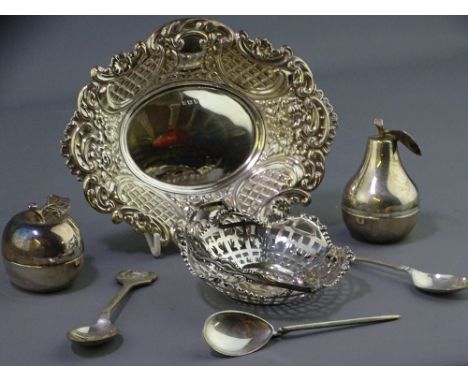 SMALL SILVER GROUP including a pierced swing handled sweet meat dish, Birmingham 1908, an embossed sweet meat dish, Birmingha