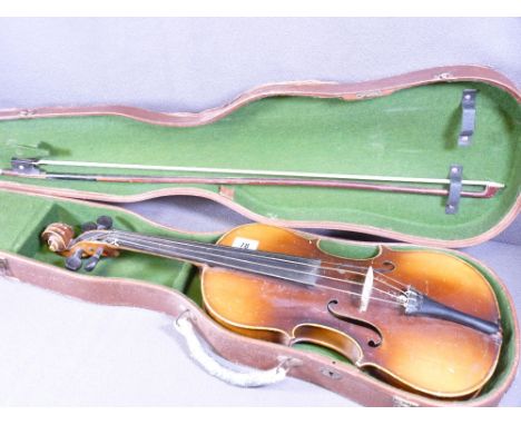 VIOLIN - in a hard case with bow with spurious label, Antonius Stradivarius Cremonensis ...