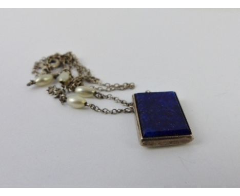Silver pearl and lapiz lazuli necklace