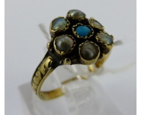 Victorian gold, pearl and turquoise ring, size M, 2.6g