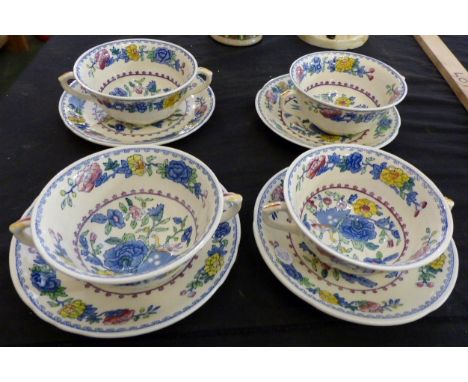 Four Masons Ironstone china Regency pattern soup bowls and saucers (1 handle A/F)