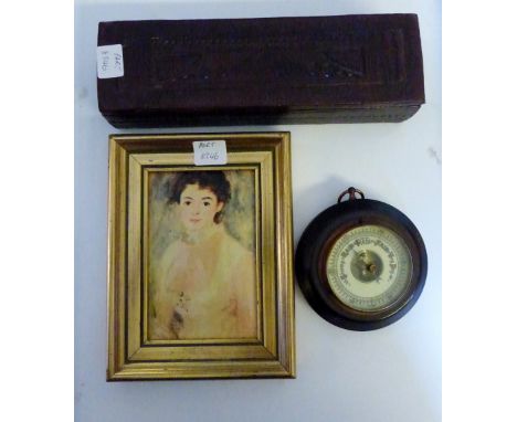 Framed tile of Renoir painting, leather box in Arabic style embossing and small aneroid barometer