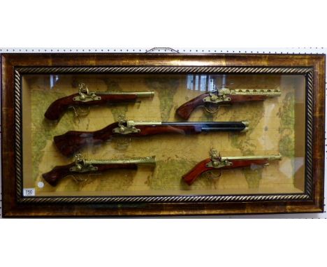 Large framed firearm diorama containing five replica antique guns, L 150 x 58cm