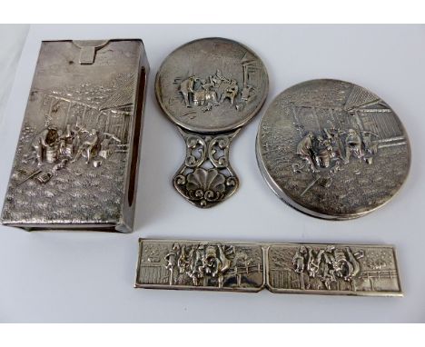 Danish white metal compact, comb holder, mirror and household matchbox holders with farm scenes