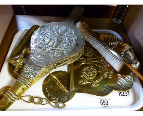 Tray of good brassware including crumb pan and brush, sundial etc
