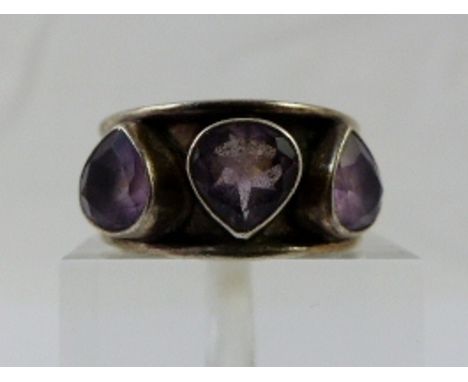 Sterling silver three pear cut amethyst ring, size M