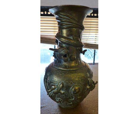 Brass Chinese dragon chasing pearl design in high relief vase, character stamp to base, H ~ 25cm