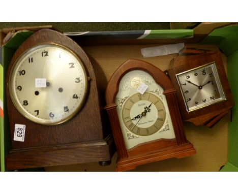Box of three mantel clocks including Art Deco style clock
