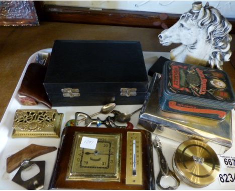 Tray of mixed collectables including thimbles, barometer thermometer etc