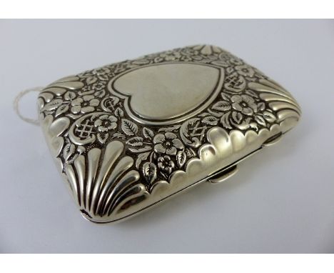 Silver cigarette case hallmarked Birmingham 1897, maker LB & M and floral design heart shaped vacant cartouche, 9 x 6.5cm, 65