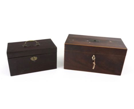 A George III mahogany boxwood banded rectangular tea caddy, interior incomplete, 30.5cm wide, and a smaller similar tea caddy