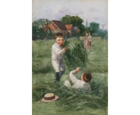 Follower of William W Maliphant (British 1862-1932), Boys playing in the grass, bears Bell Fine Art label with short biograph