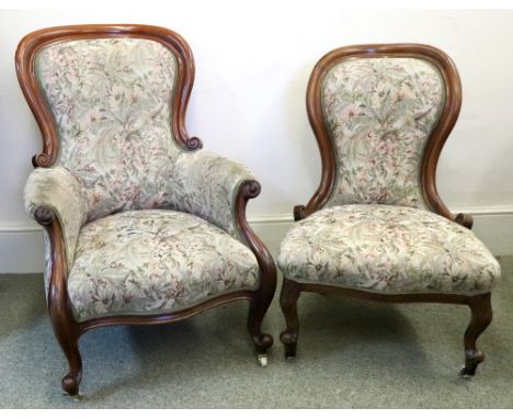 A Victorian walnut frame armchair, circa 1860, scroll carved with upholstered back, arms and stuff over seat in tapestry, on 