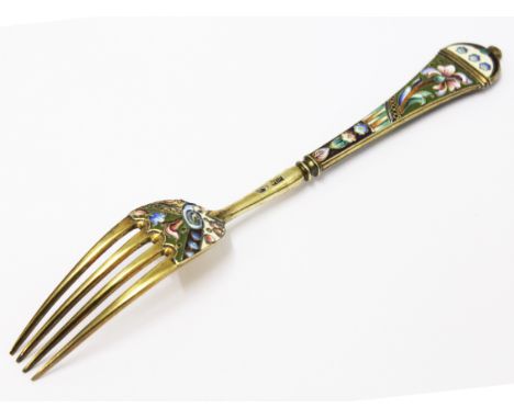 A Russian Art Nouveau silver gilt and enamel fork by 20th Artels. Moscow circa 1908. L18cm. Condition - very good, no damage 