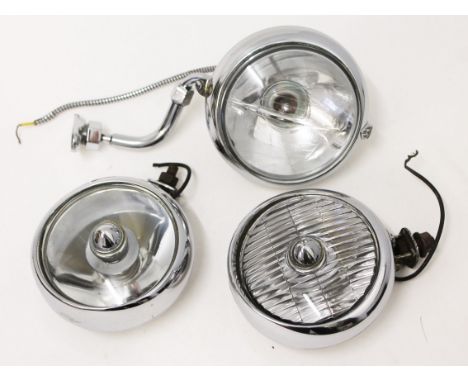 Vintage car lamps: A pair of Miller chrome car lamps, diam. 13cm, together with a Marchal car lamp, diam. 15cm. Condition - p