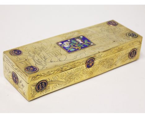 A Chinese brass oblong box with enamel panels. L25.5cm. Condition - a little loss to enamel, general wear to include scratche