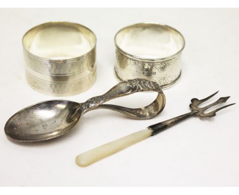 Hallmarked/Sterling silver comprising two napkin rings, a spoon and a fork