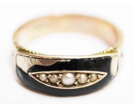 A Victorian 9ct gold seed pearl and enamel ring. Gross wt. 2.3g. Size M