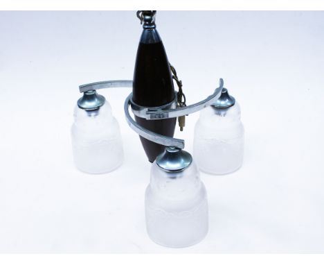 A vintage chrome light fitting with etched glass shades. L33cm. Condition - minor pitting to chrome, no damage to shades, gen