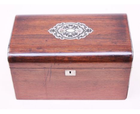 A 19th Century mahogany tea caddy having white metal, mother of pearl, ebony and ivory inlay. L23.5cm