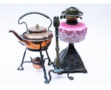 A mixed lot comprising a Benham & Froud spirit kettle, a Pullman lamp and an oil lamp. Condition - pullman lamp repaired, no 