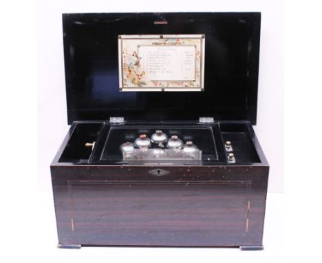 A Swiss rosewood and ebonised eight airs music box, the 9 1/2 inch single comb cylinder striking on six bells. L53cm. Conditi