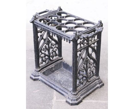 A Victorian cast iron Gothic style stick stand by Coalbrookdale. Indistinctly stamped 'C B DALE', 'No 121' and remains of rd 