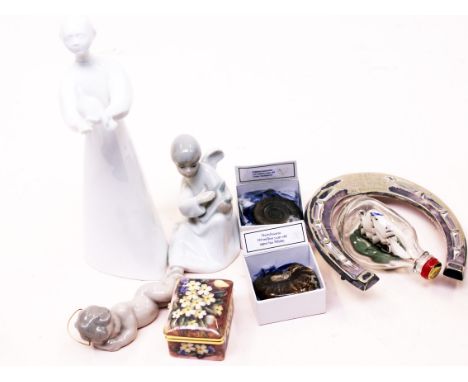 A mixed lot comprising two Lladro figures, a Nao figure, an epns horse shoe, two fossils etc. Condition - figures appear free