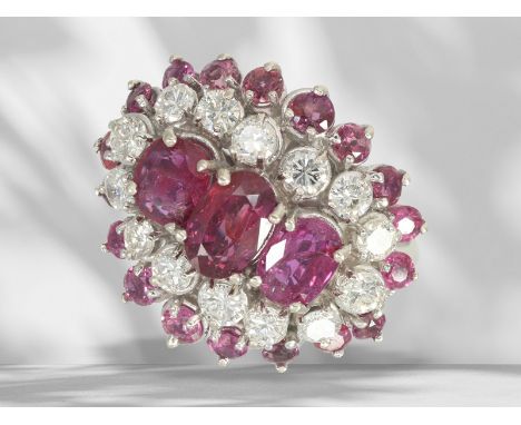 Ring: dekorativer und hochwertiger vintage Rubin/Brillant-Goldschmiedering, ca. 4,43ct: Ca. Ø17mm, RG53, ca. 8g, 14K Weißgold