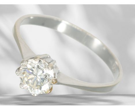 Ring: Weißgoldener Solitär/Brillantring, schöner Brillant von ca. 0,6ct: Ca. Ø16,5mm, RG52, ca. 1,6g, 14K Weißgold, Brillant 