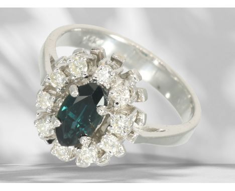 Ring: vintage Saphir/Brillant-Goldschmiede-Blütenring: Ca. Ø17,5mm, RG55, ca. 4,7g, 14K Weißgold, Ringkopf ca. 14mm breit, ze