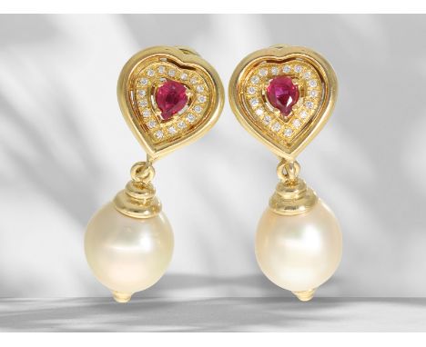 Ohrschmuck: vintage Rubin Brillant-Goldschmiede-Ohrstecker mit großen Zuchtperlen: Ca. 40 x 15mm, ca. 20,9g, 14K Gelbgold, rü